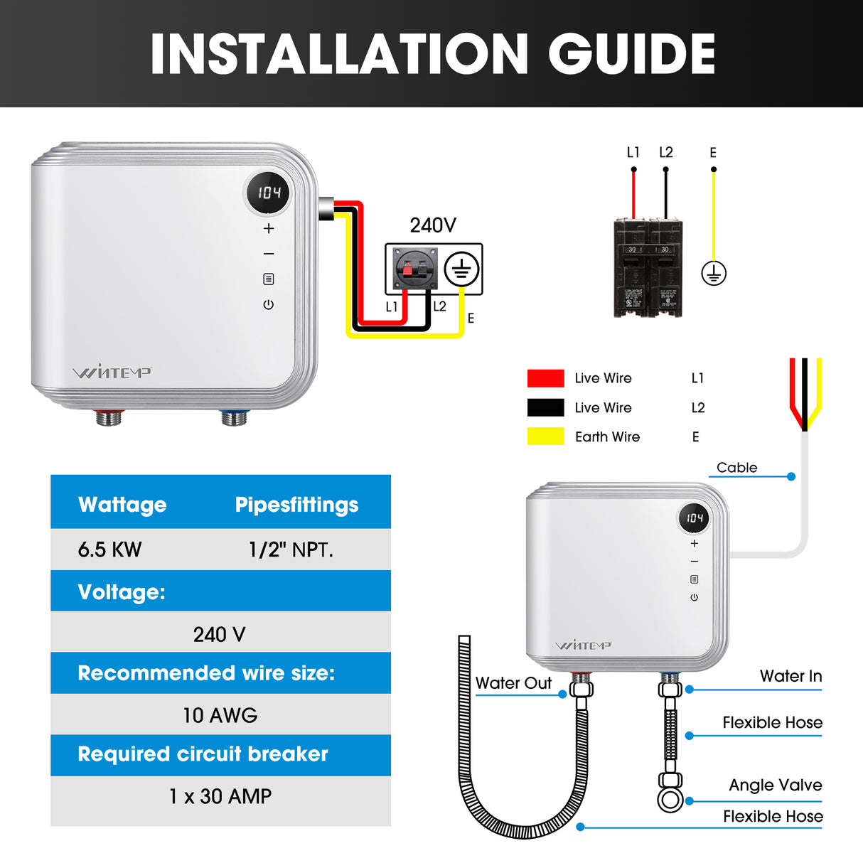 KFU65 White 240V / 6.5KW Point-of-Use Electric Tankless Water Heater